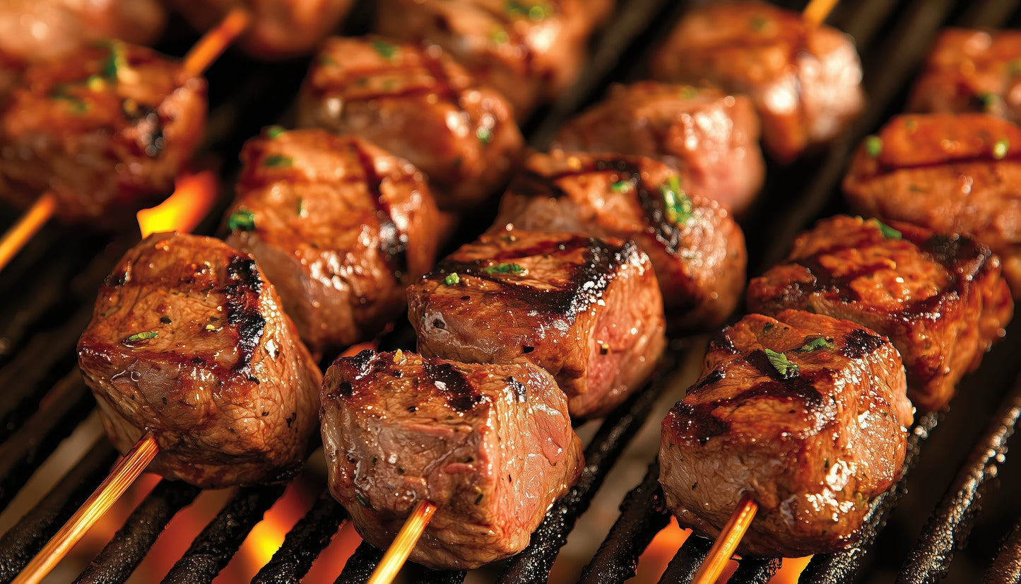 Grilled lamb souvlaki skewers with pita and tzatziki