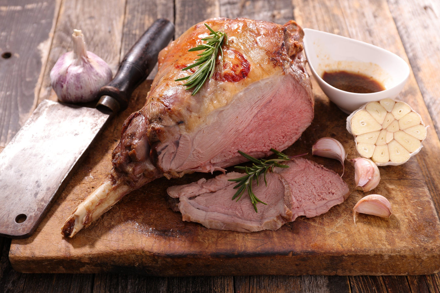 Slow roasted leg of lamb with garlic and rosemary