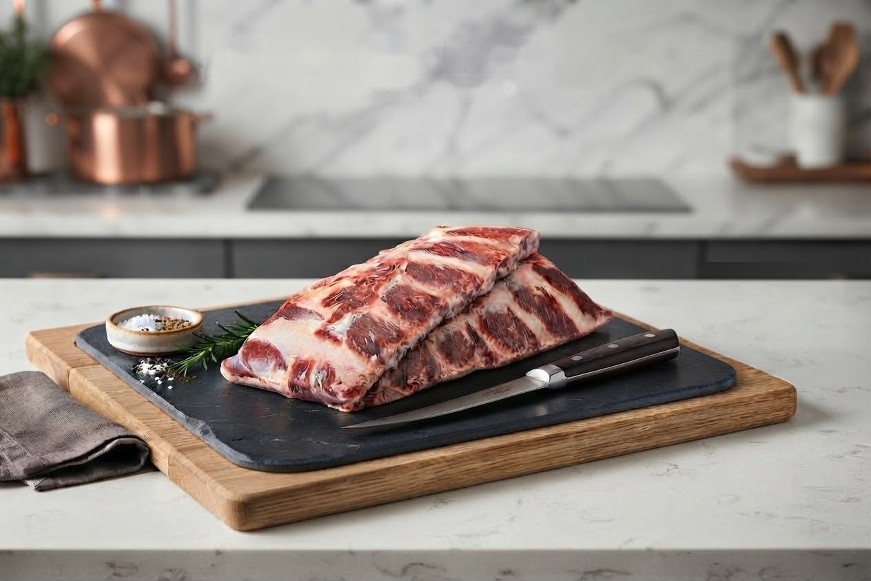Grass-fed organic beef back plate ribs, raw, bone-in