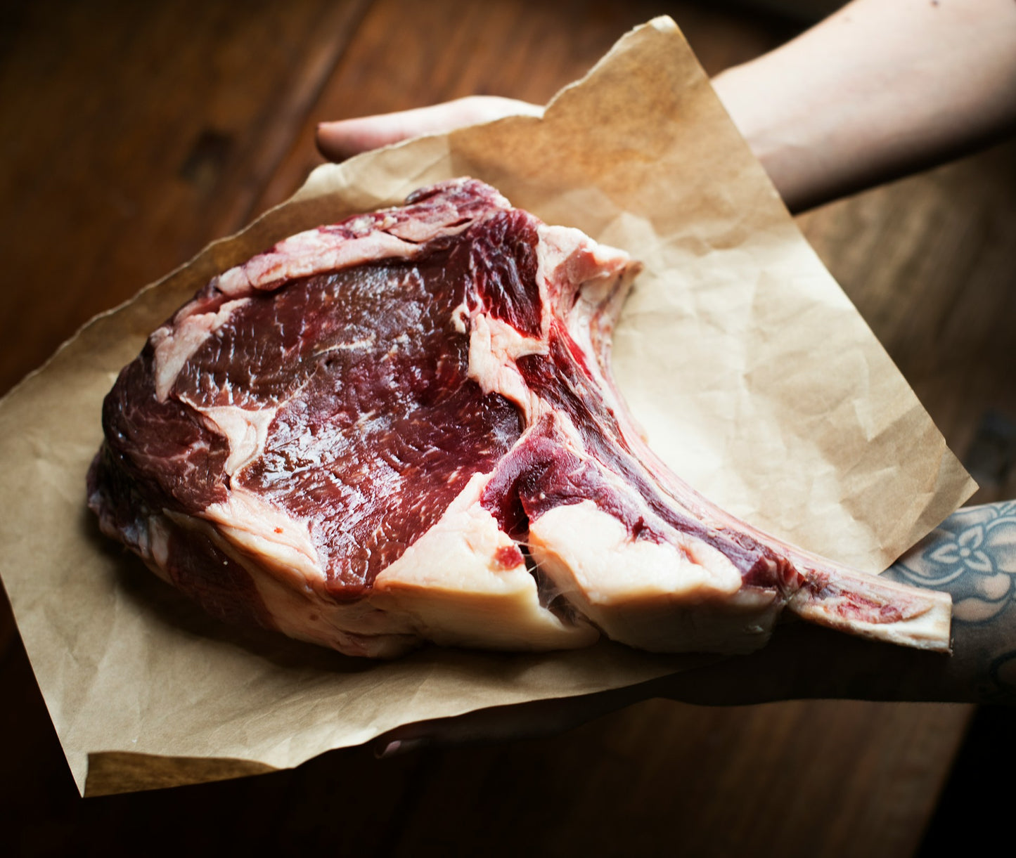 Grass-fed organic cowboy cut bone-in ribeye.